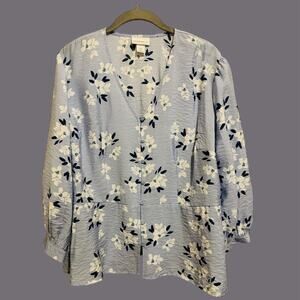 Blue White Floral Textured Button Up Blouse Top Sustainable Fairy Office PXL